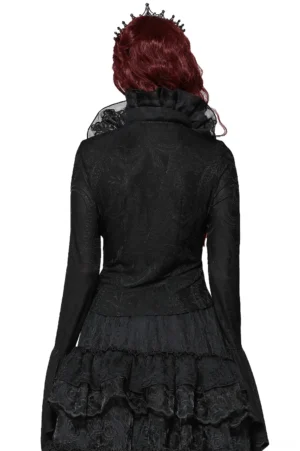 Back view of black Victorian gothic long sleeve top showing high ruffled neckline, layered ruffle details, fitted back silhouette, and bell sleeve construction