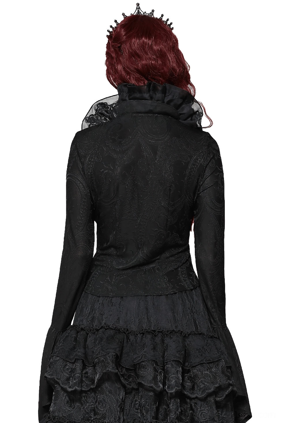 Back view of black Victorian gothic long sleeve top showing high ruffled neckline, layered ruffle details, fitted back silhouette, and bell sleeve construction