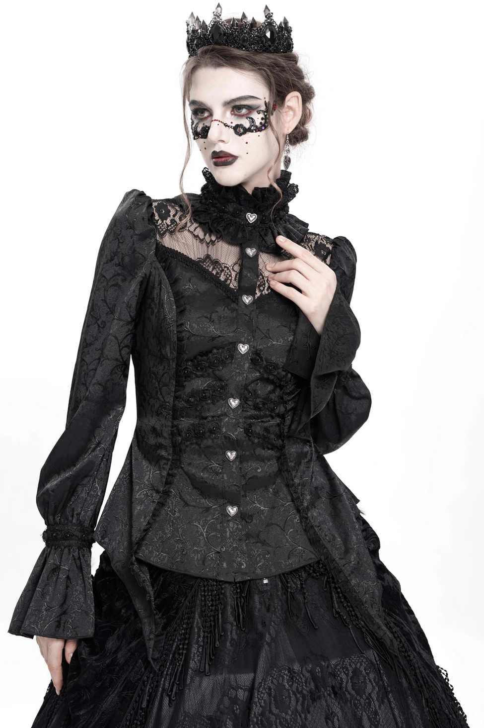 Victorian gothic blouse styling angle, bell sleeve drape, lace panel detail view