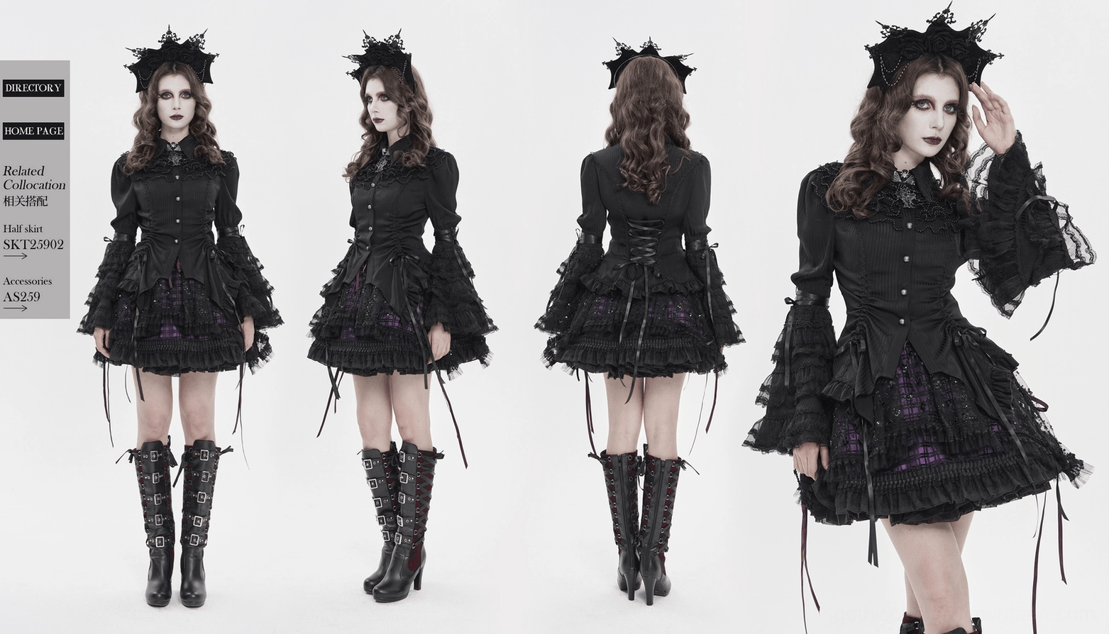 Complete gothic Victorian lace blouse view featuring beaded lace trim, corset back, and ruffled cuffs together