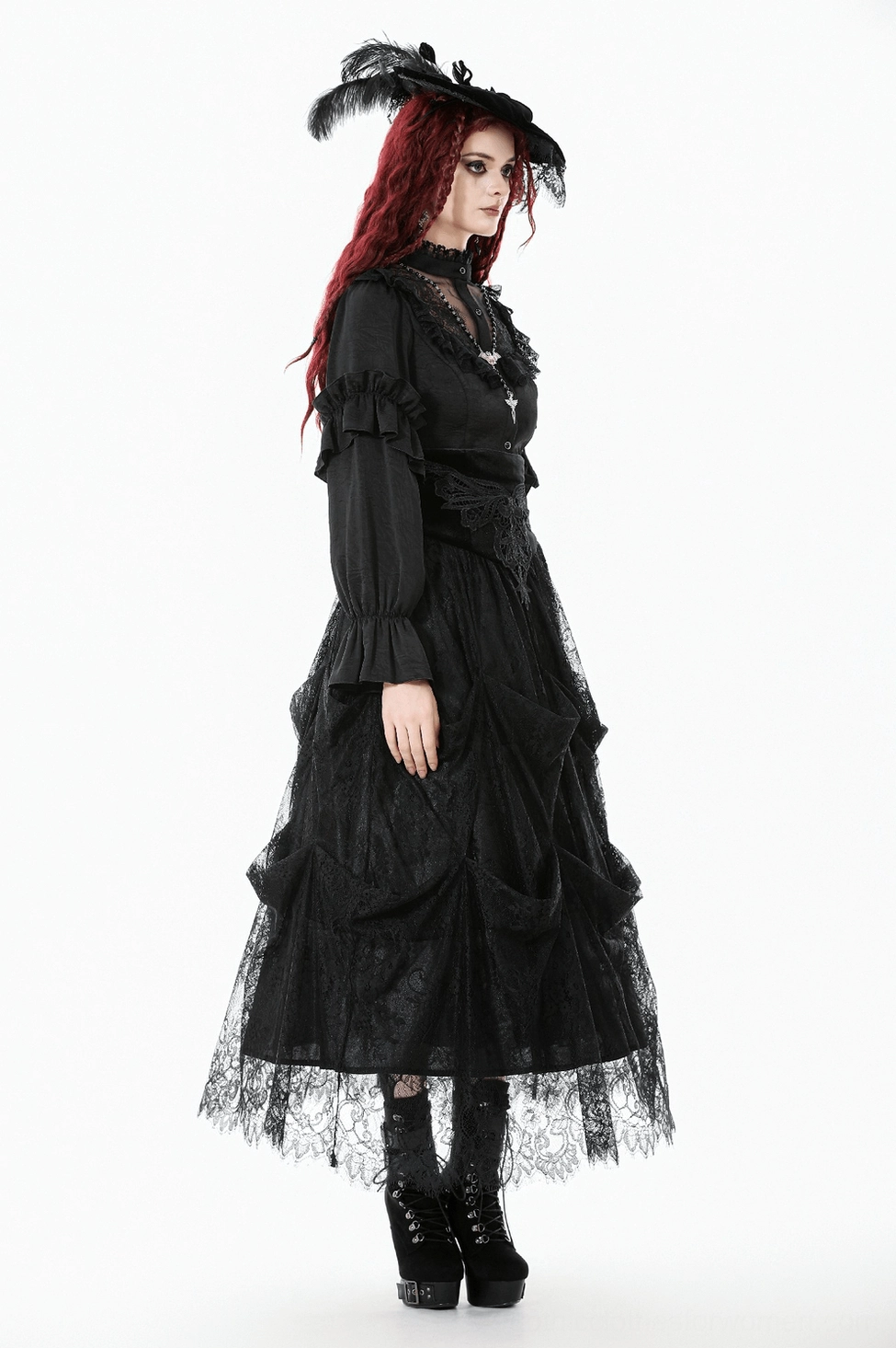 Victorian gothic blouse showing complete design with lace borders, ruffles throughout and dark romantic silhouette