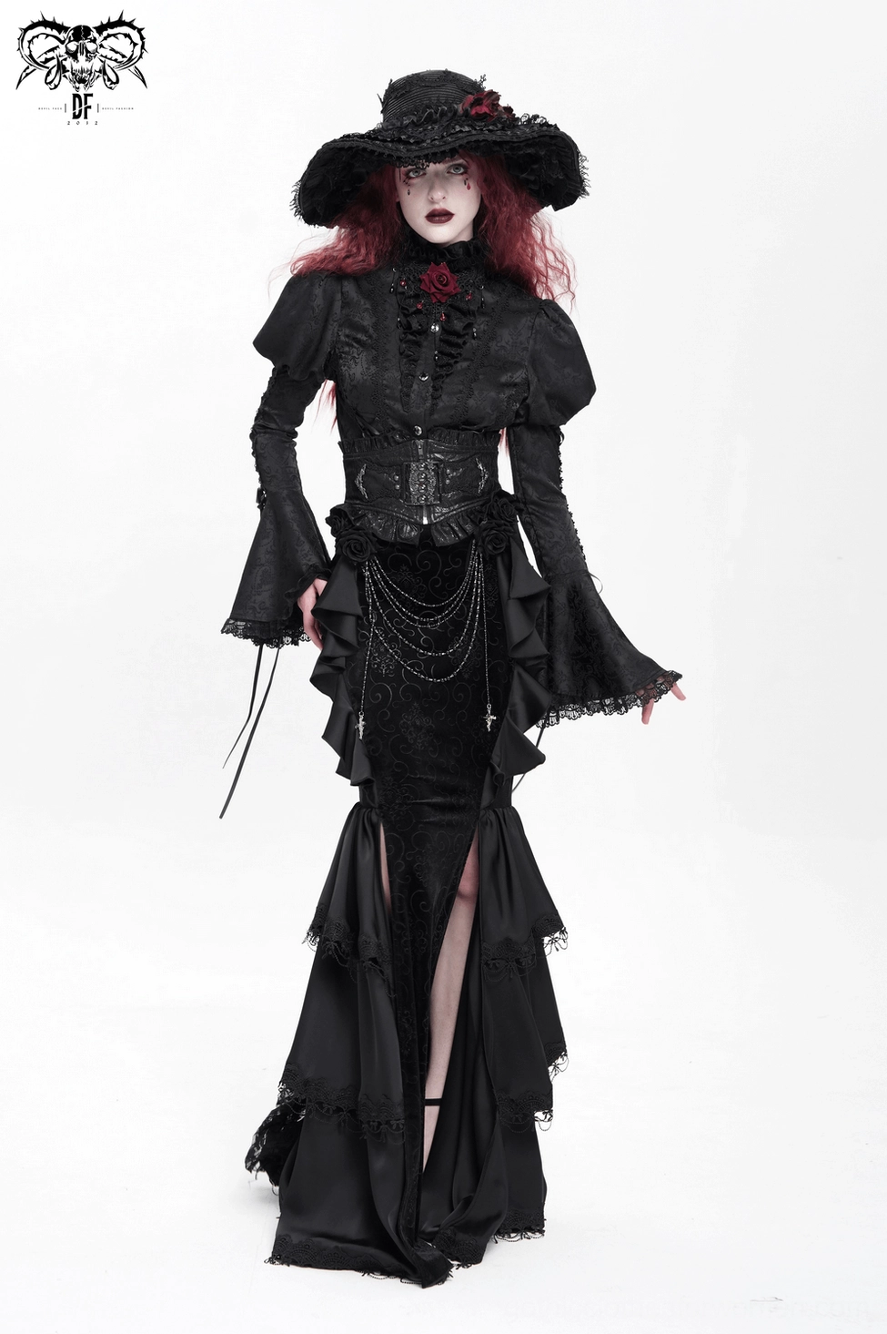 Black Victorian Gothic Blouse Ensemble - Model Styling with Complete Gothic Outfit