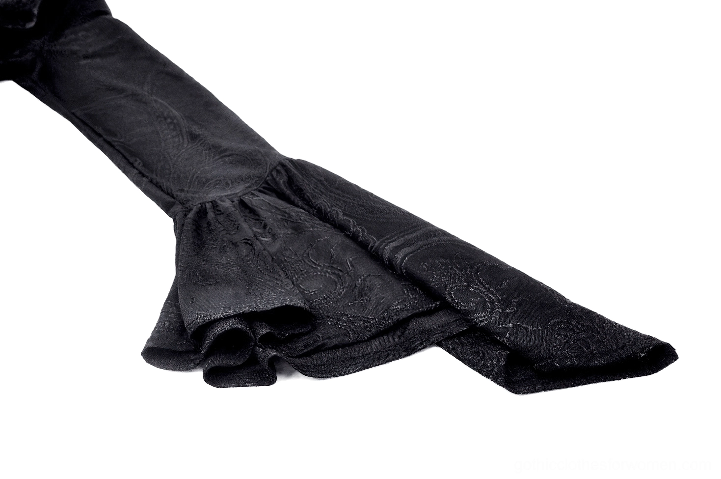 Black Victorian gothic blouse styled ensemble showing overall silhouette with high ruffled collar, bell sleeves, ruched bodice, and dramatic theatrical presentation