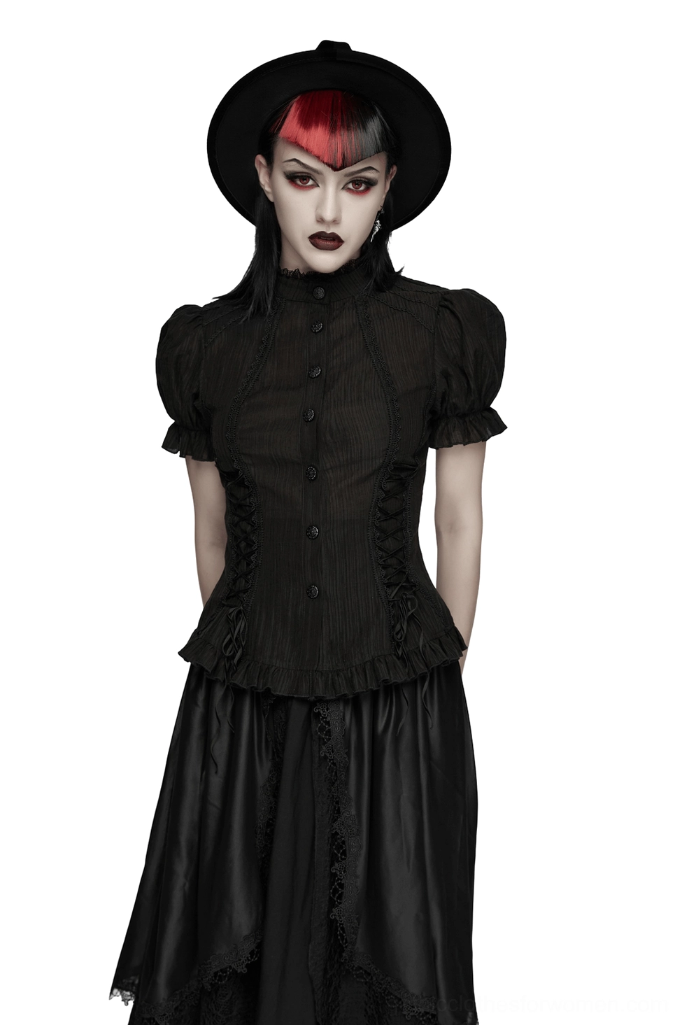 Black Victorian gothic blouse with lace-up corset waist and voluminous puff sleeves, front full-body view showing high stand collar and ornate buttons