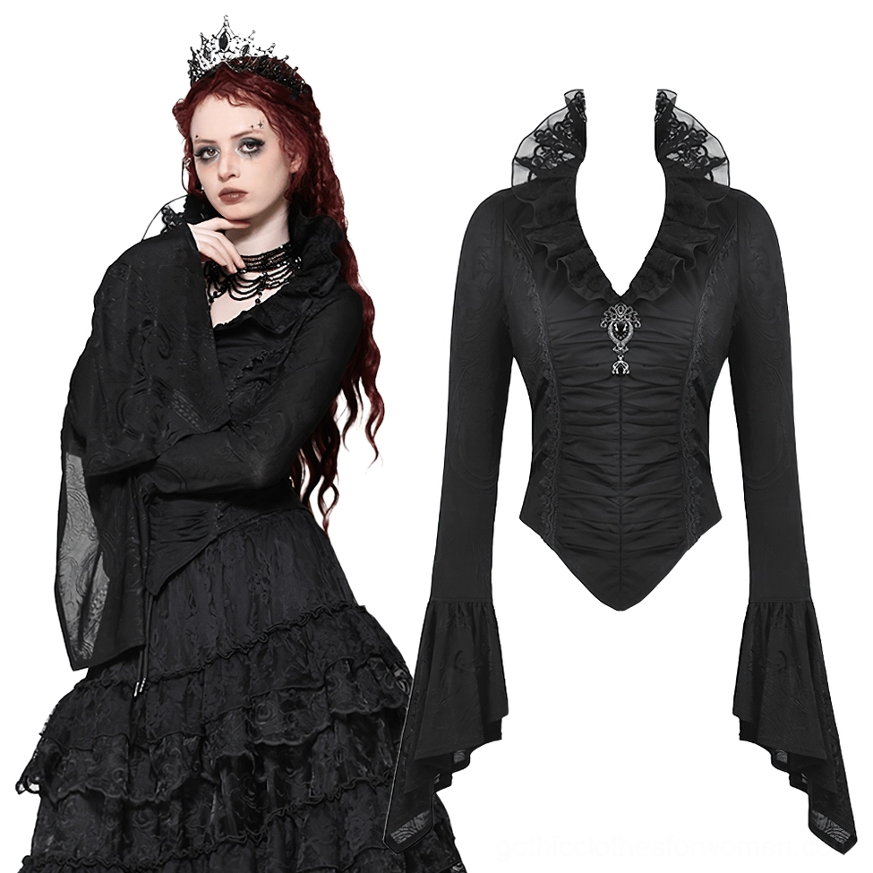 Gothic Victorian black blouse flat lay paired with model wearing detail shot showcasing decorative gem brooch, ruffled collar, and bell sleeve ruffles