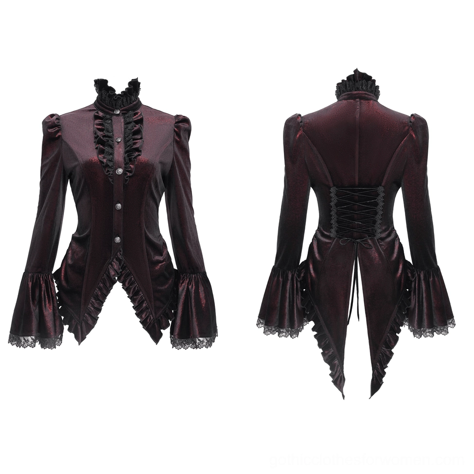 Victorian gothic blouse flat lay showing flared lace cuffs and asymmetrical tailcoat hem - front and rear