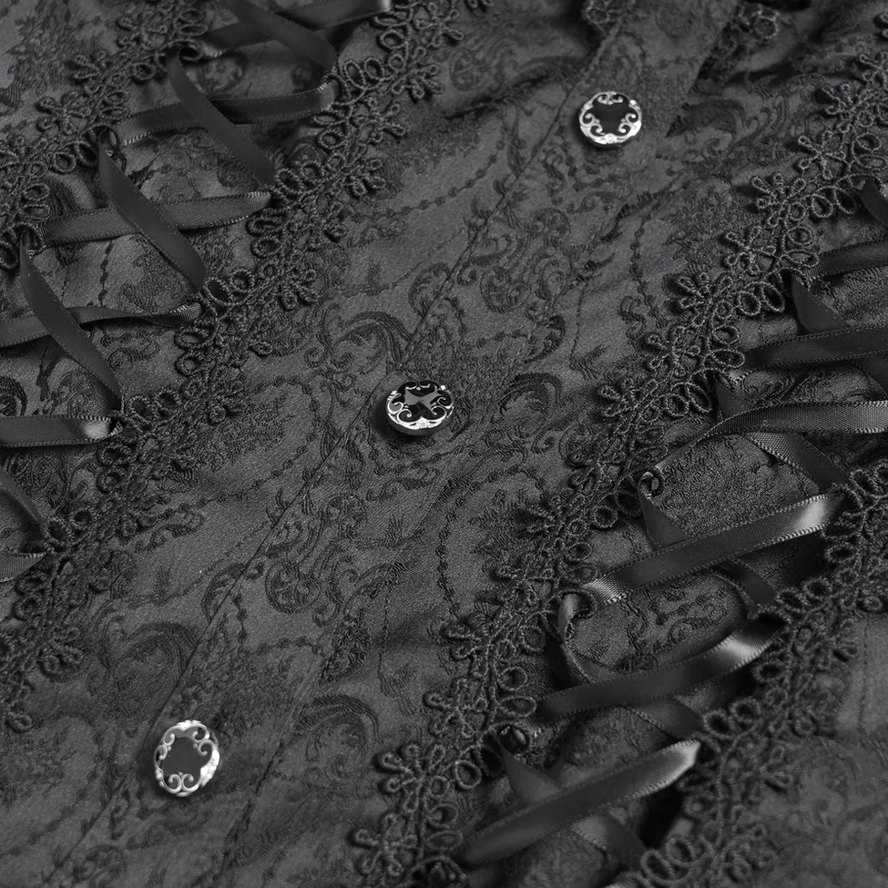 Black Victorian Gothic Lace-Up Blouse Detail Shot - Jacquard Fabric Texture and Embroidered Patterns