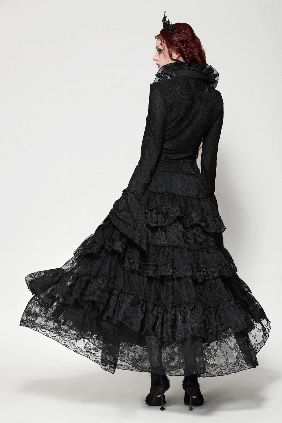 Gothic Victorian blouse layering possibilities showing how ruffled collar frames face, bell sleeves drape, and ruched bodice silhouette creates dimensional styling options