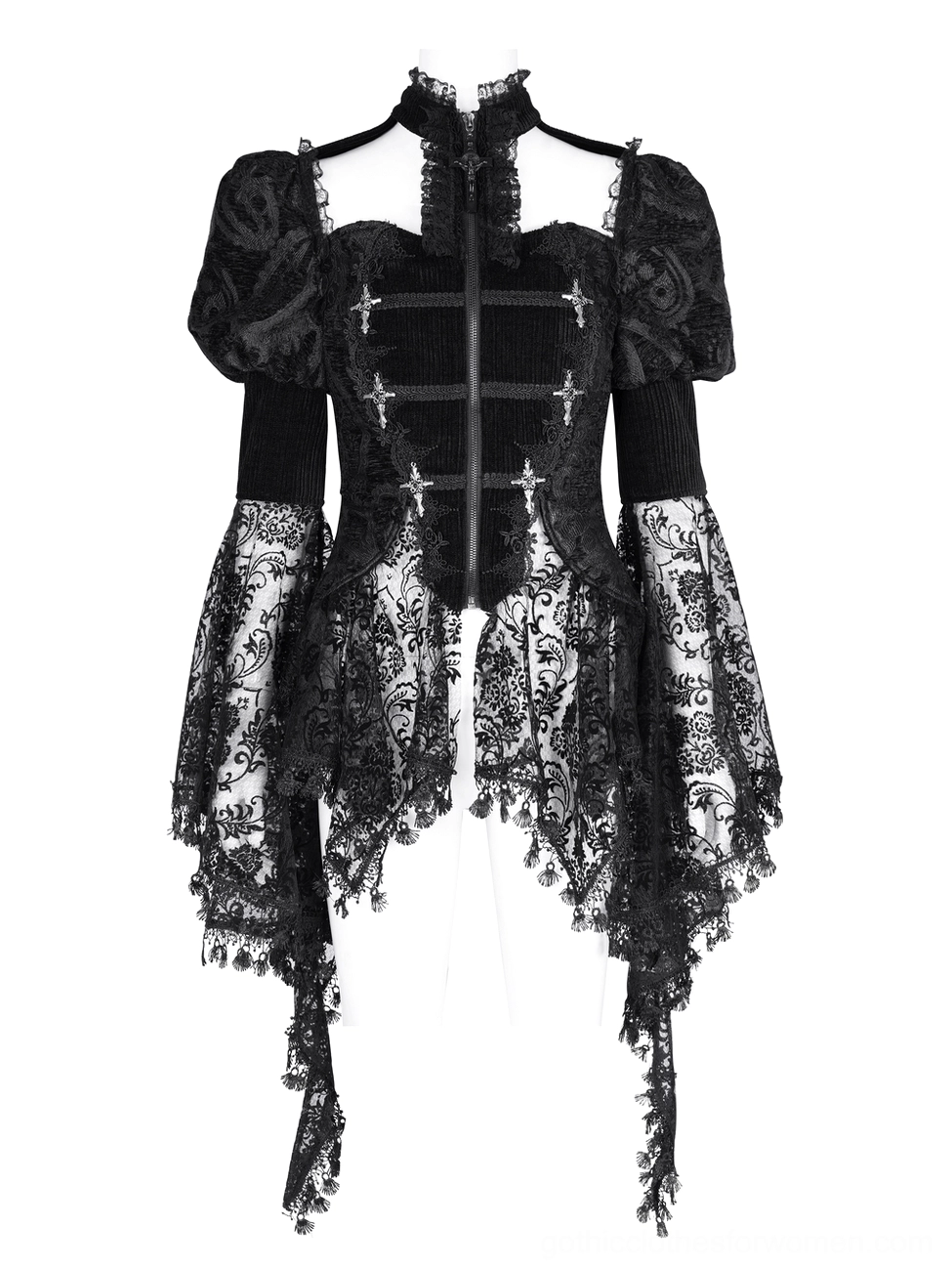 Black Victorian gothic lace corset blouse mannequin front view showing puffed short sleeves and asymmetrical tail hem