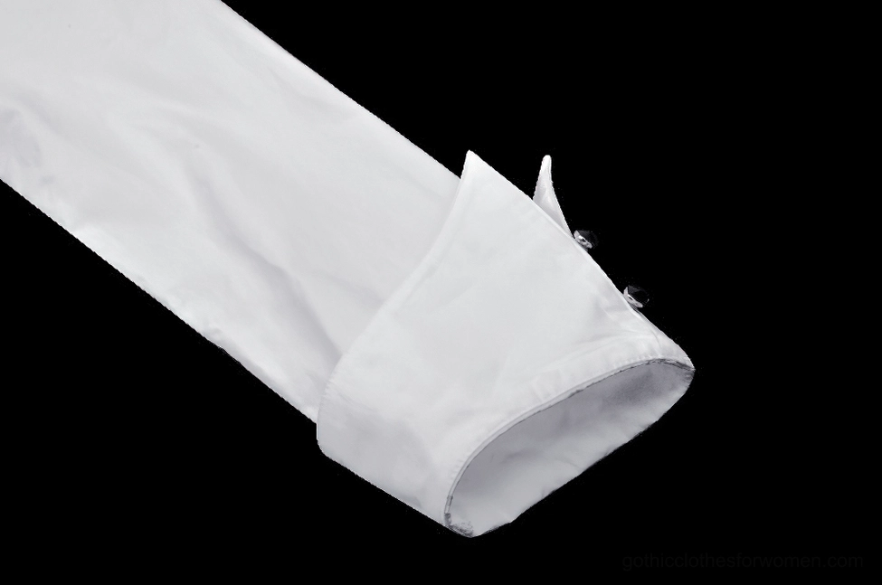 Victorian gothic white blouse featuring elaborate ruffled placket and black button closure for alternative fashion
