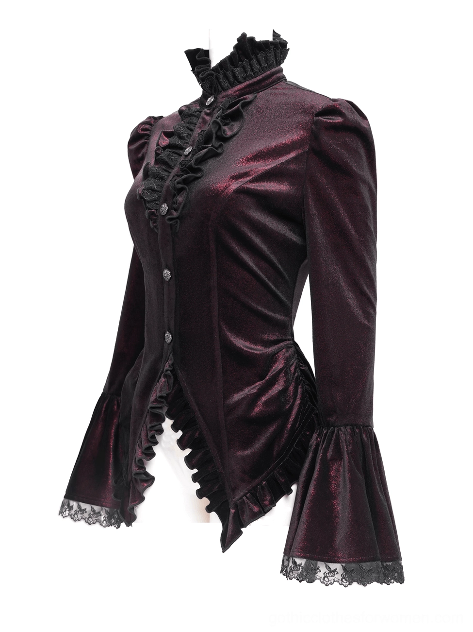 Victorian gothic blouse three-quarter side view - fitted silhouette and ruffled lace collar detail