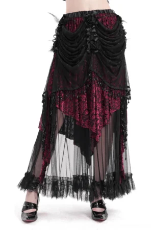 Burgundy Victorian gothic layered maxi skirt front three-quarter view on model, sheer black tulle overlay with ruffled hemline and rose appliqués
