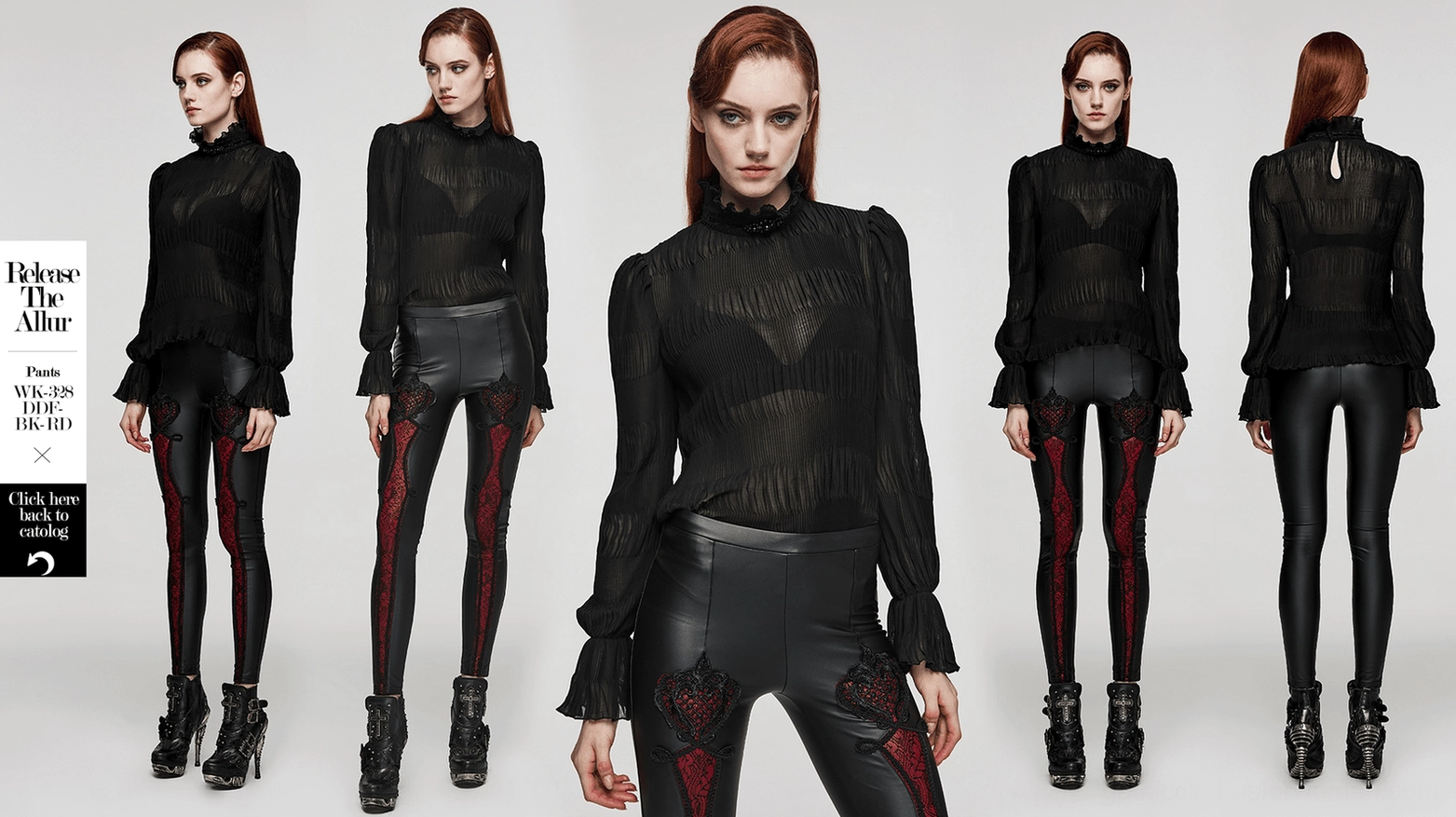 Victorian-inspired black gothic chiffon blouse with ruched texture and beaded ruffled collar detail
