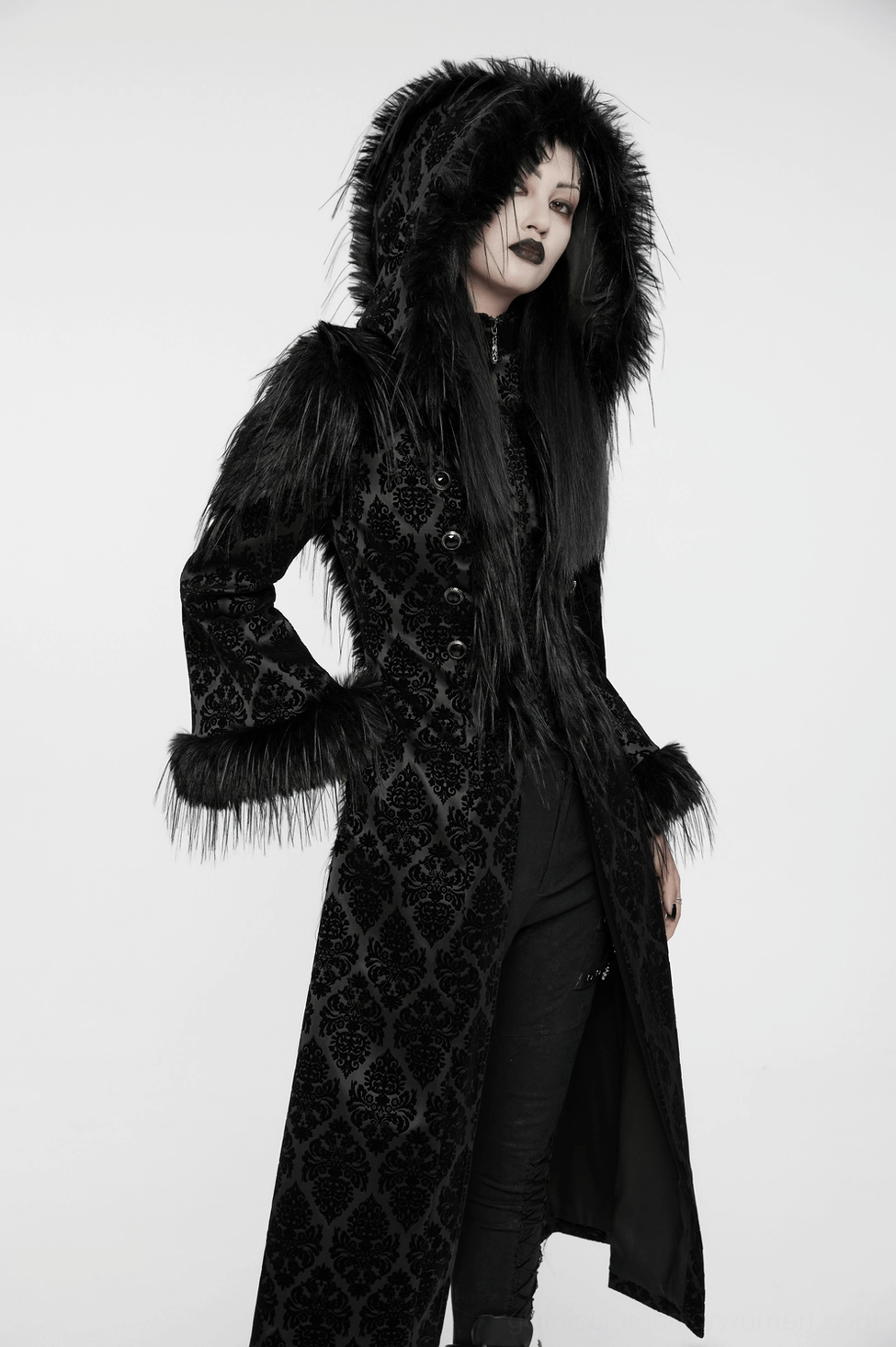 Victorian gothic hooded coat styled full-body shot demonstrating dramatic floor-length silhouette