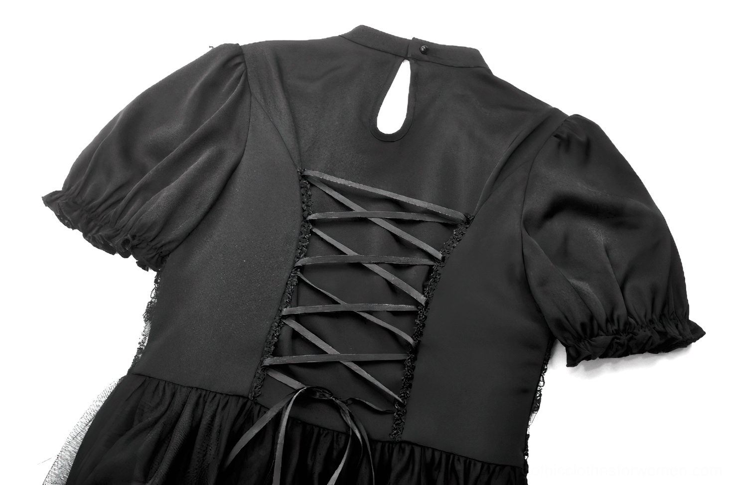 Black gothic lace high-low dress complete styling front view presentation