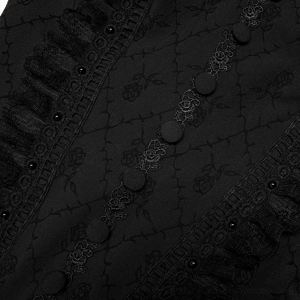 Victorian gothic dress front detail - rose jacquard, button placket with lace trim, and black beads