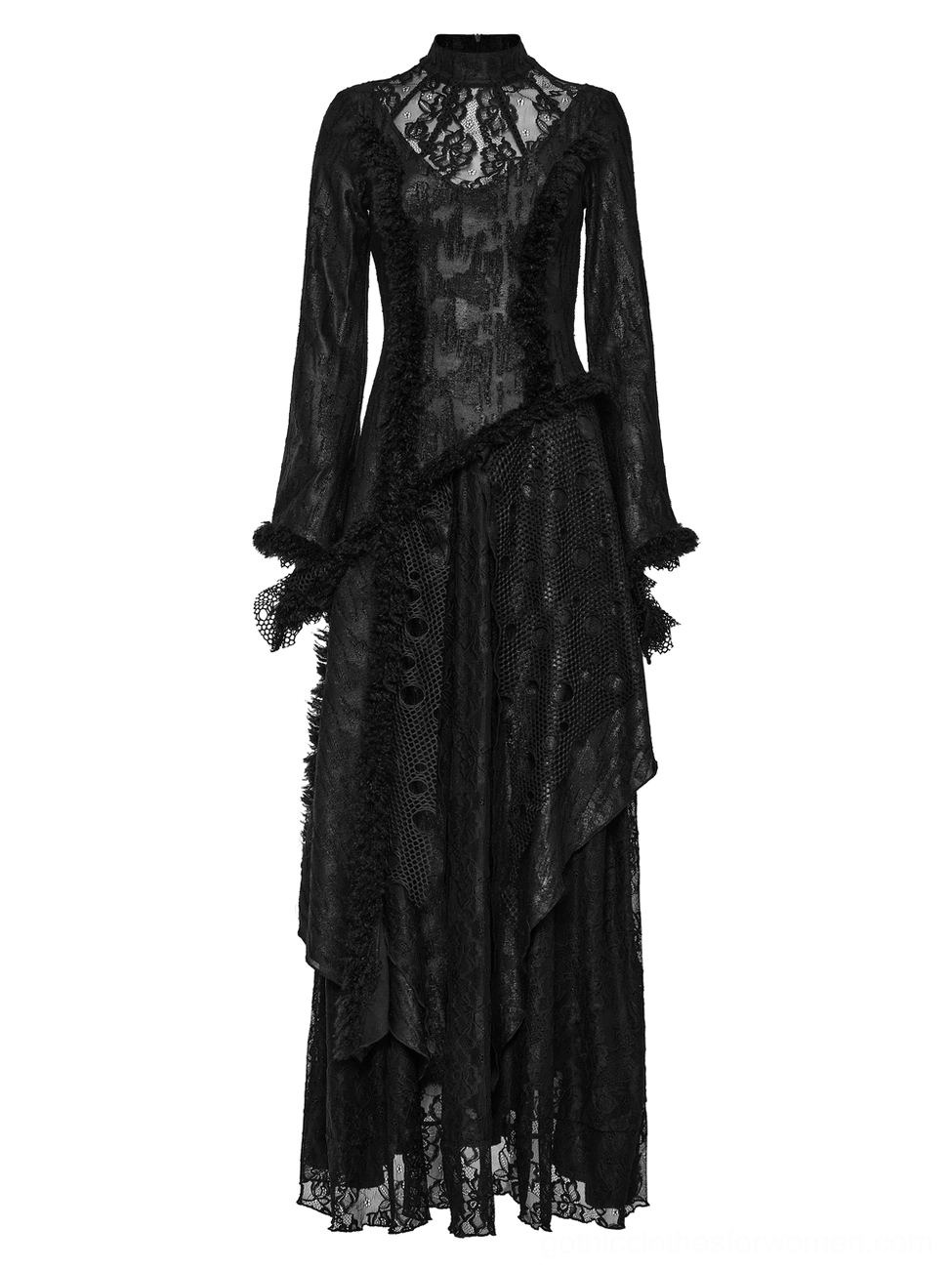 Front product view of Victorian gothic maxi dress with high stand collar, lace panel and ruffled cuffs on white background