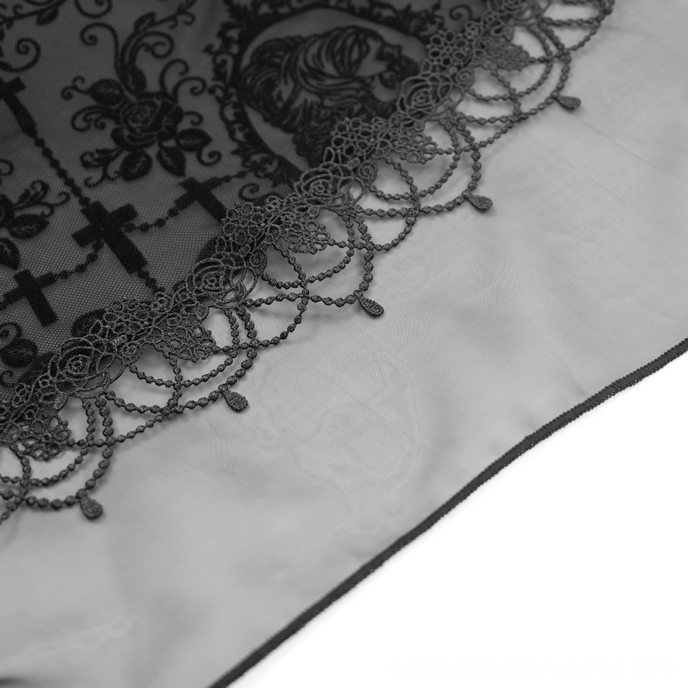 Black gothic lace dress front bodice detail showing lace-up front closure, velvet and lace construction, and satin rose accents