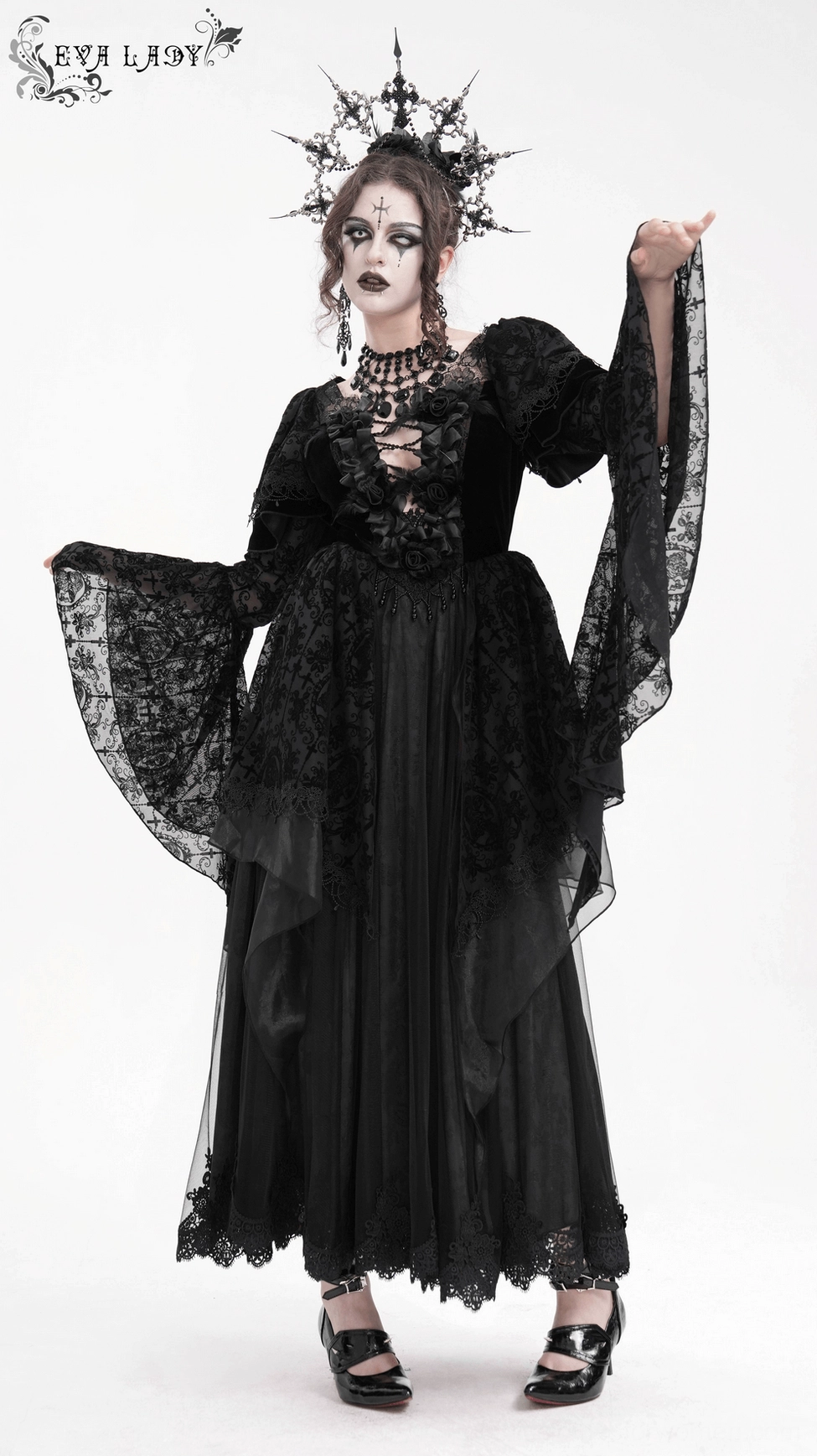 Black Victorian gothic maxi dress rear angle displaying back lace-up design, full lace skirt, and elegant Victorian proportions