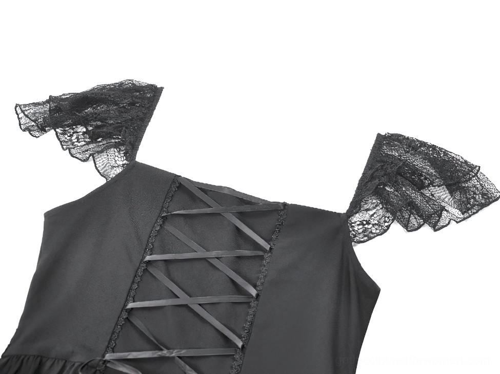 Black gothic puff sleeve dress with ruffled lace hem, styled full-body view from side angle