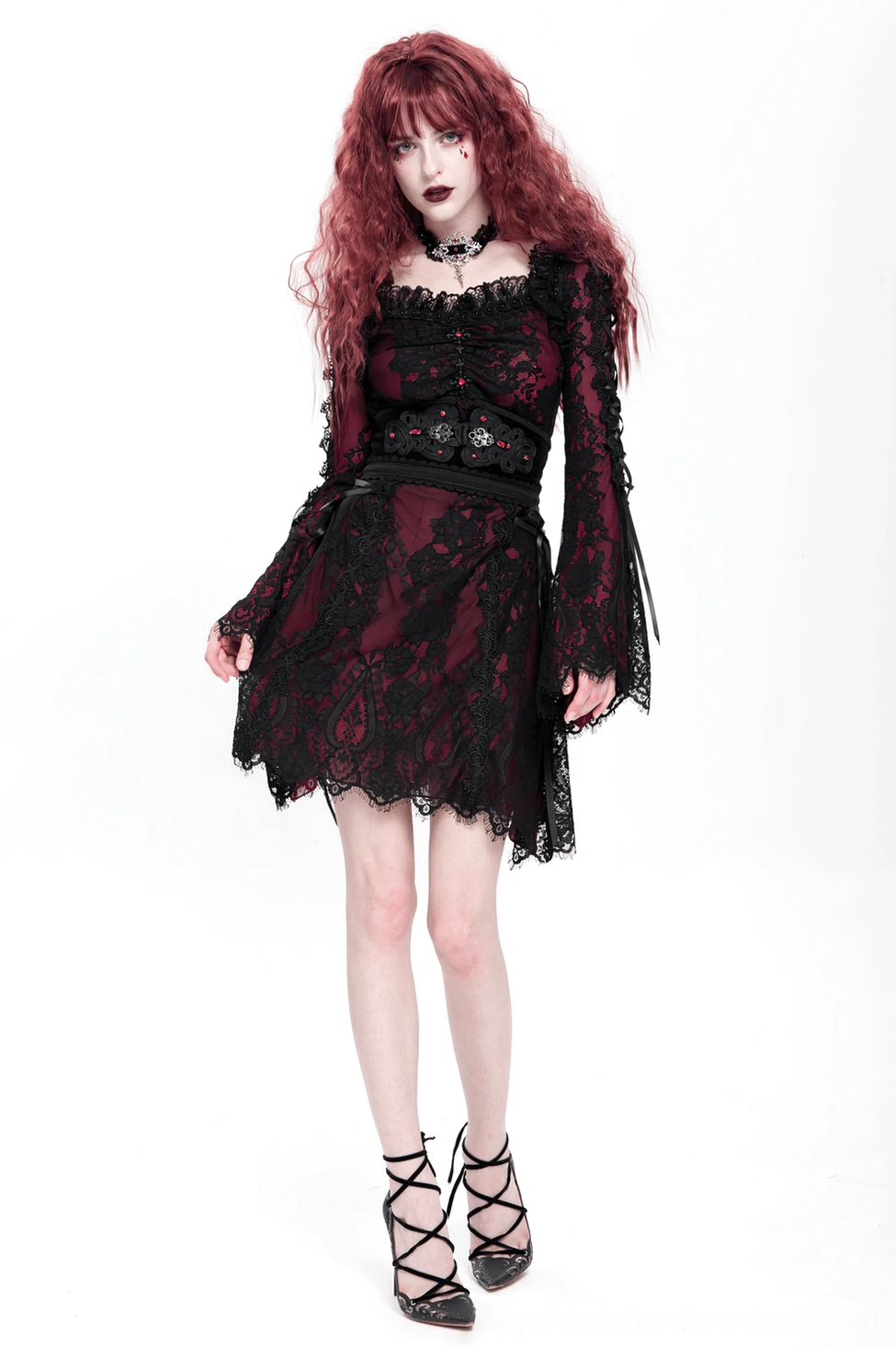 Victorian-inspired gothic mini dress detail shot of sleeve construction and lace-up adjustment features