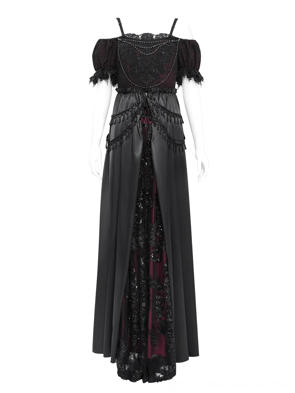 Mannequin display of Victorian gothic evening gown featuring off-shoulder romantic ruffle sleeves, beaded lace bust embellishment, and flowing black satin skirt