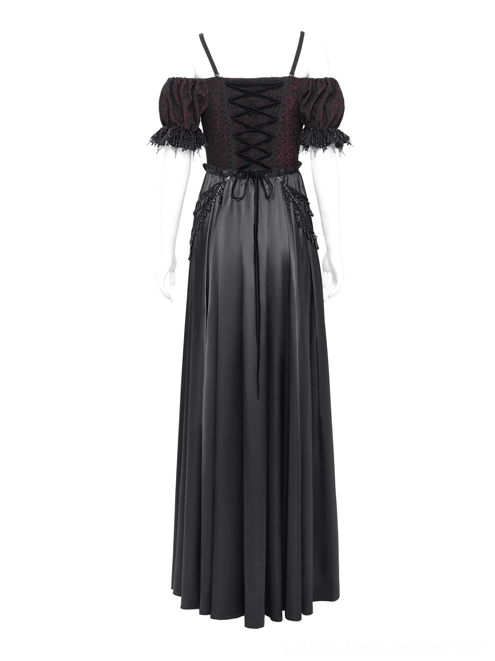 Back view mannequin display of Victorian gothic gown featuring solid black satin skirt, structured lace-up square back design, and dramatic silhouette