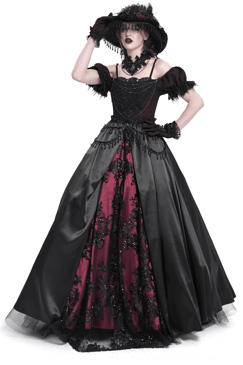 Black and burgundy Victorian lace-up gothic evening gown with ruffle off-shoulder sleeves and beaded lace-up corset front detail, three-quarter front view