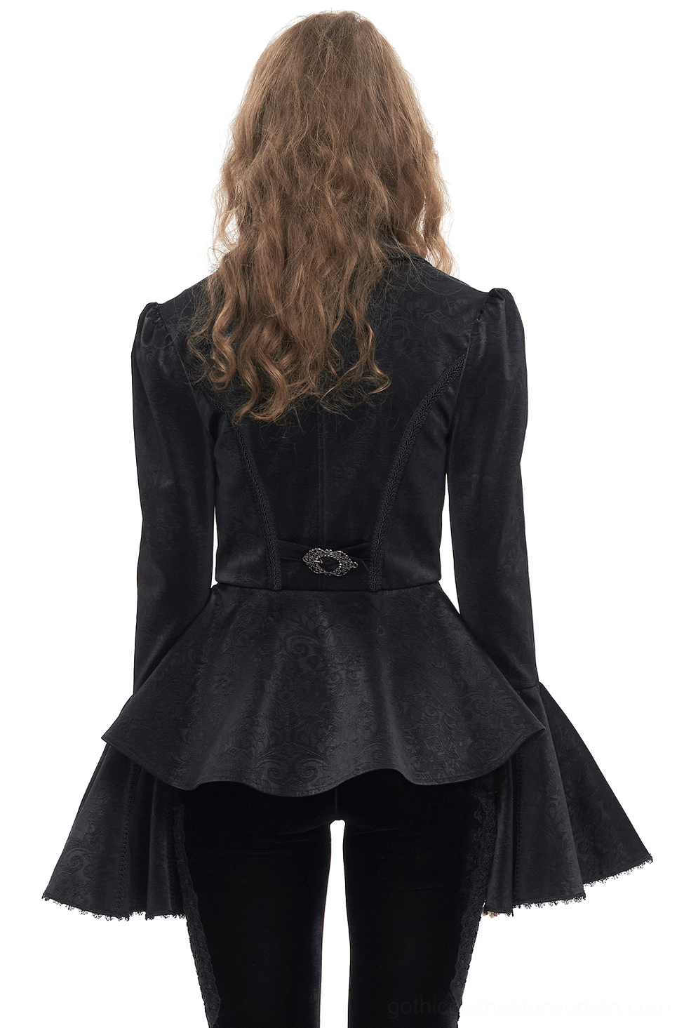 Black gothic jacket back view displaying peplum tail hem, ornate waist buckle, and frayed bell cuff details