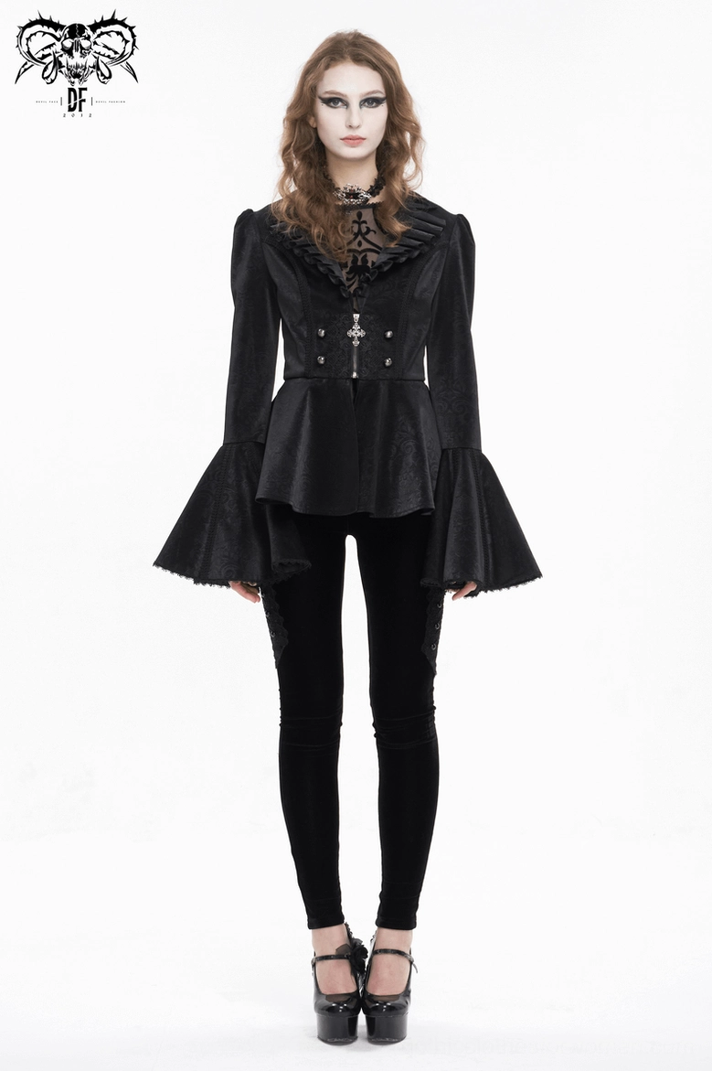 Front view of Victorian gothic ruffled collar jacket featuring pleated shawl collar, metal hardware, and jacquard fabric