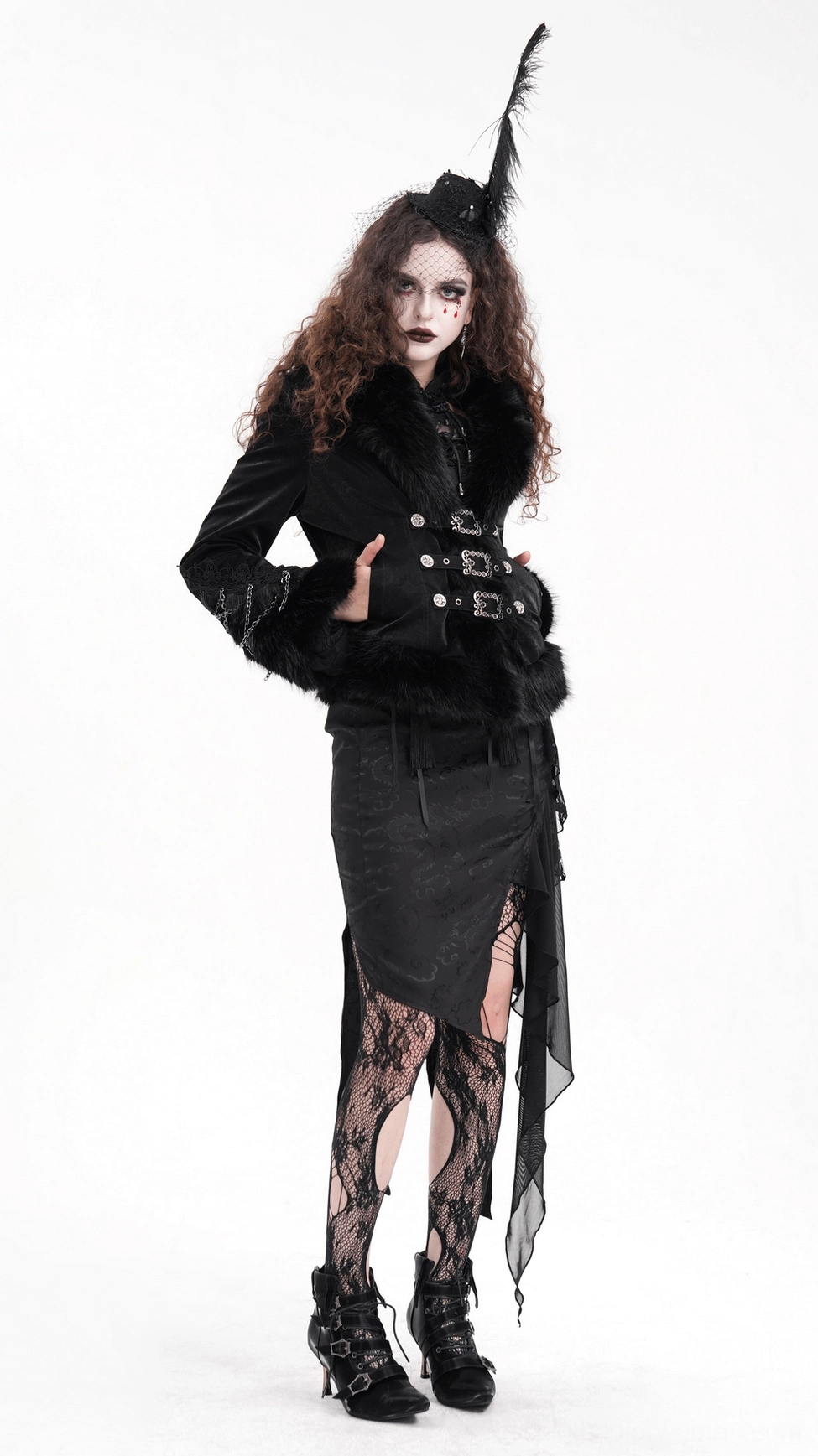 Black Victorian gothic jacket silhouette - side profile showing fitted tailored cut
