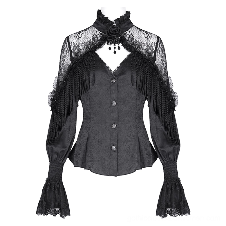 Victorian gothic jacquard blouse with ruffled stand collar, damask fabric, and beaded tassel decoration on mannequin display