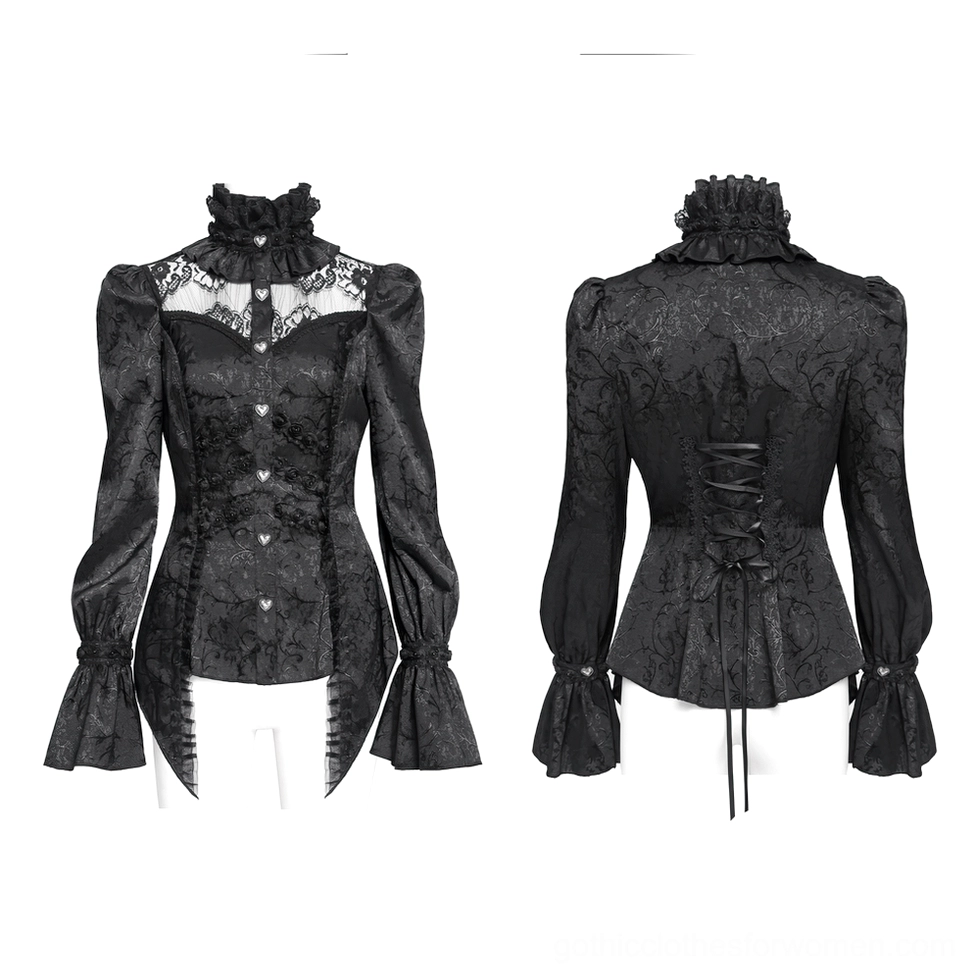 Victorian gothic lace blouse front and back display on mannequin, heart-shaped buttons, high ruffled neckline, flared bell sleeves