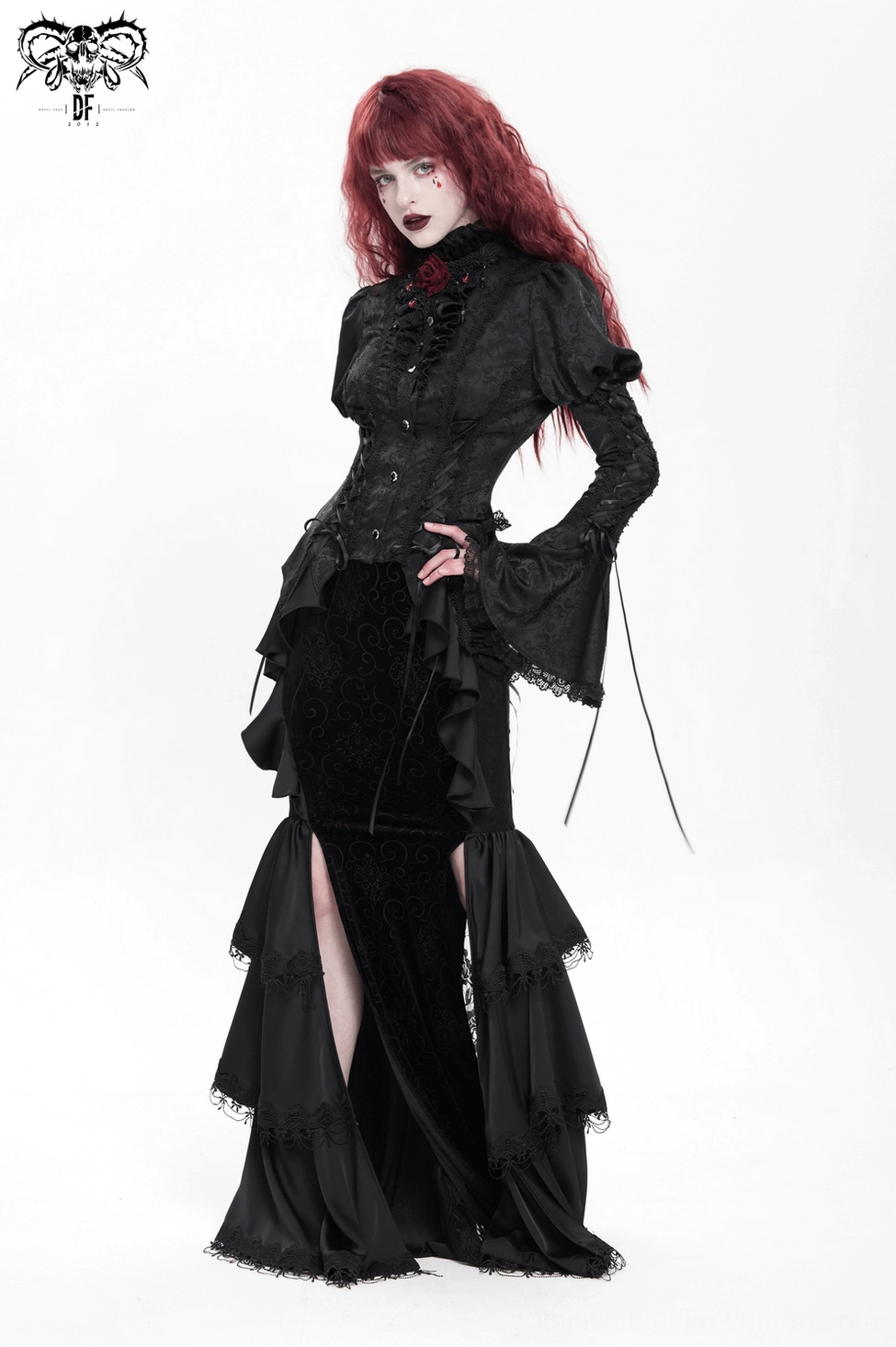 Black Victorian Gothic Lace-Up Blouse on Model - Front Close-Up with Ruffled Collar