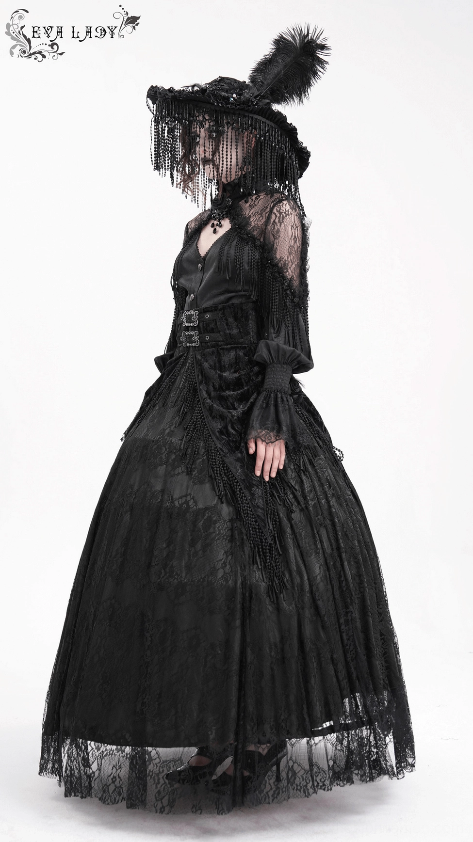 Black victorian gothic maxi skirt back view showcasing lace overlay and elegant tassel placement