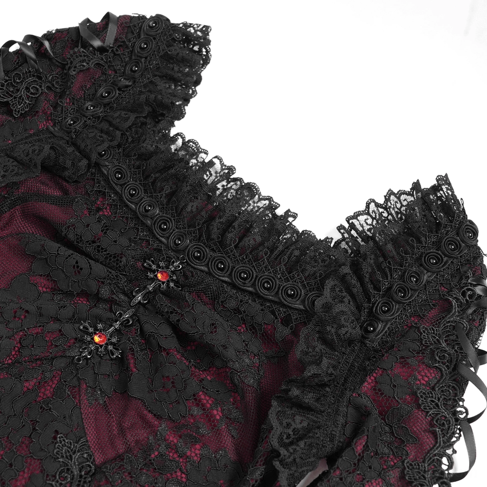 Victorian gothic lace mini dress full front view showcasing wine red and black color contrast and layered lace construction