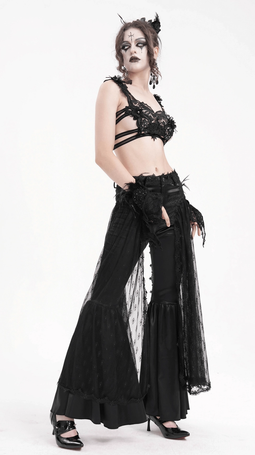 Gothic bell-bottom pants showcasing Victorian-inspired lace details and contemporary alternative fashion styling