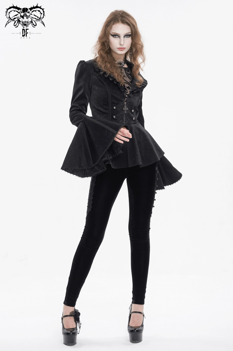 Full view of Victorian-inspired gothic ruffled jacket with architectural flared sleeves and peplum hem detail