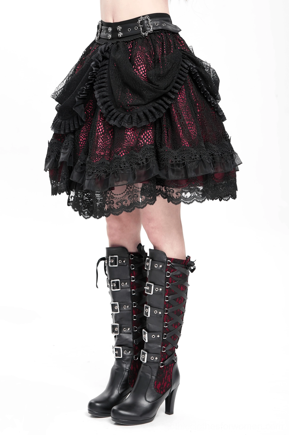 Victorian-inspired gothic skirt displaying elegant black lace construction and red inner layer depth