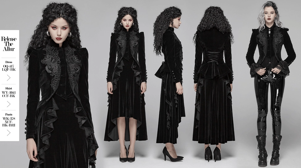 Victorian Gothic velvet tailcoat in black with ornate lace embroidery, stand collar, puff sleeves, and corset lace-up back - complete jacket overview