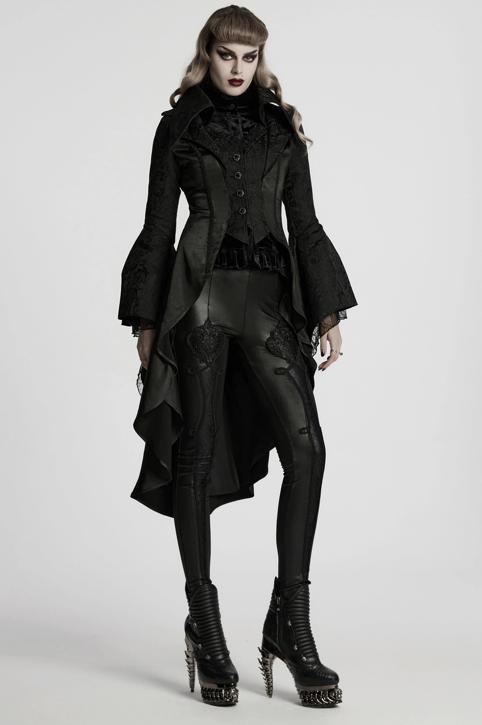 Women's victorian gothic tailcoat silhouette and structured design