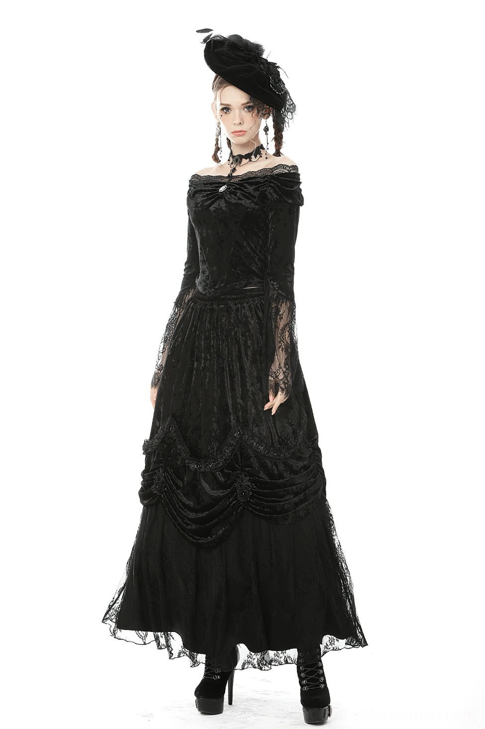 Victorian gothic off-shoulder velvet top, detail shot of neckline and shoulder design