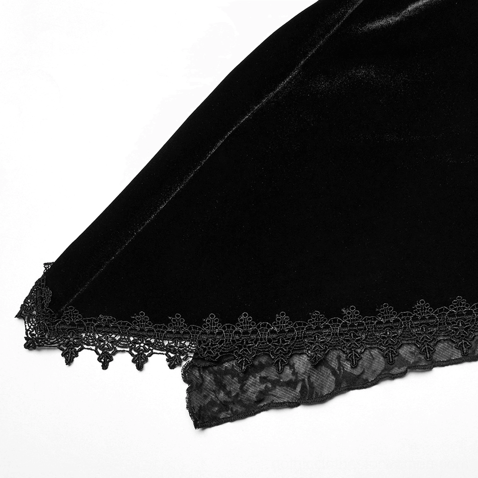 Victorian gothic velvet hooded coat with fitted silhouette and dramatic lace detailing