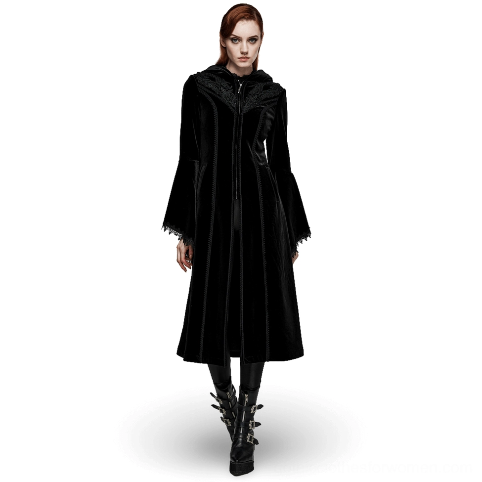 Victorian gothic velvet hooded coat with lace bell sleeves on model, front view