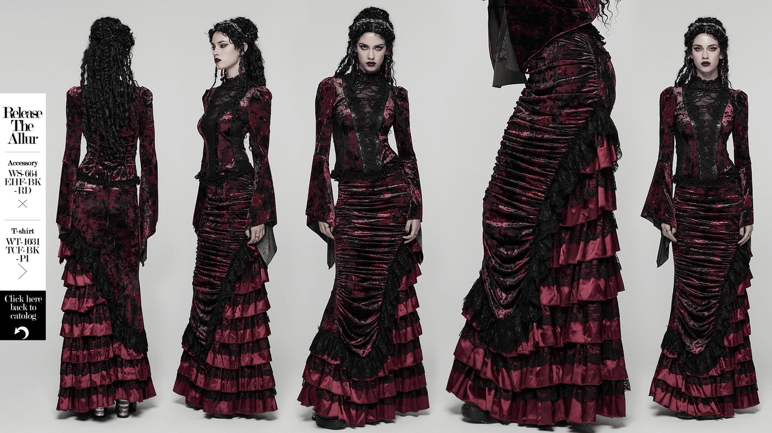 Victorian gothic velvet mermaid skirt full silhouette overview displaying wine red color and asymmetrical patchwork design