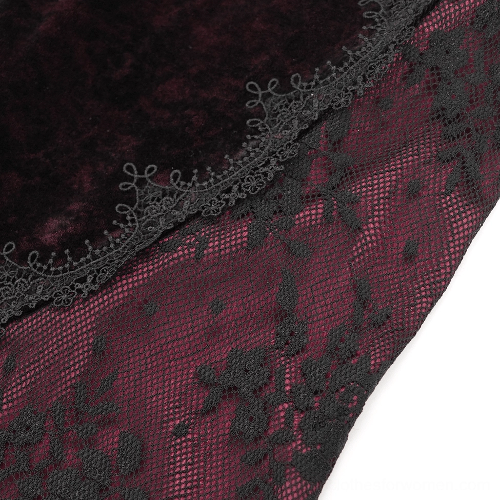 Victorian-inspired black velvet gothic trousers with wine-red sheer lace panels and dramatic theatrical flared hem styling