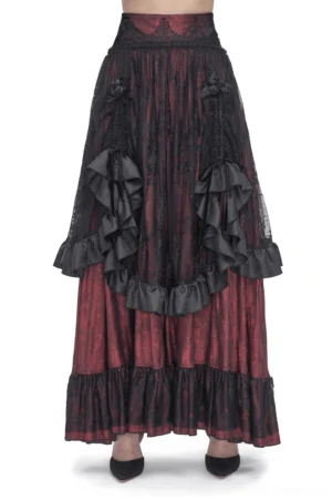 Wine red and black Victorian gothic lace maxi skirt front view with high waist and ruffled layers on flat shoes