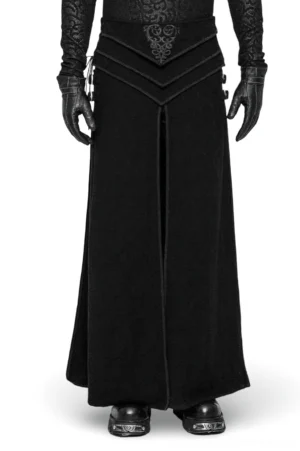 Black Victorian jacquard lace-up long skirt full front view showing embroidered heart motif and side lace-up details