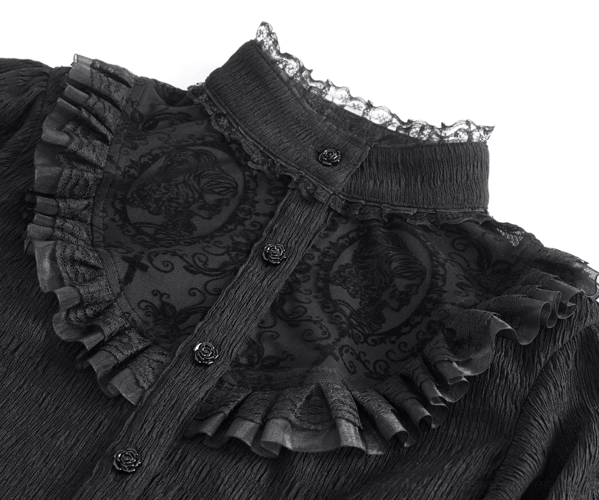 Macro close-up of embossed floral lace and ruffled stand collar edge detail with button front design
