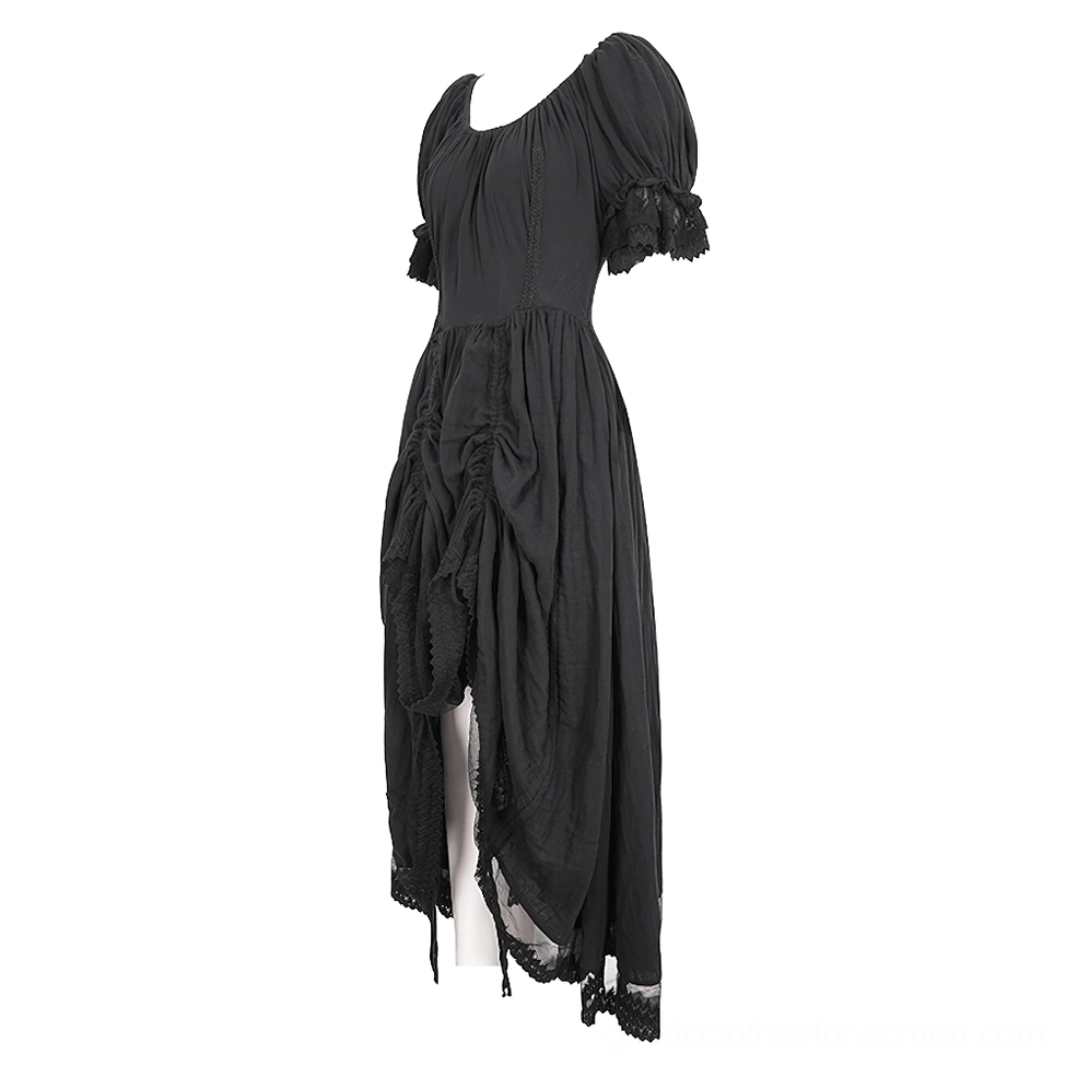 Victorian lace-up midi dress side three-quarter view gathered bodice